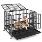Durable 38 Inch Collapsible Metal Dog Crate with Secure Rolling Wheels & Easy-Clean Tray