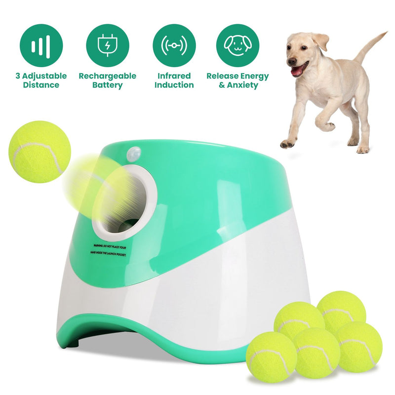Automatic Dog Ball Launcher with 6 Tennis Balls - Adjustable Distance Fetch Machine for Small & Medium Dogs