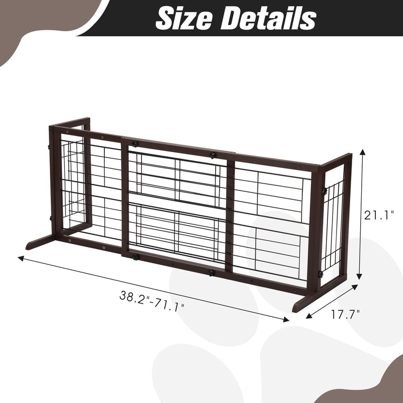 Adjustable Wooden Pet Safety Gate - 38" to 71" Wide for Dogs - Stylish Deep Brown Freestanding Fence for Indoor Use