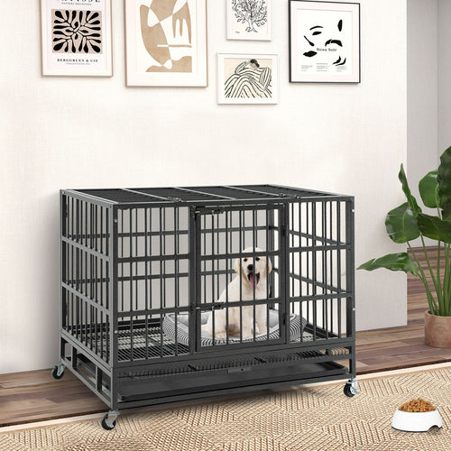 Durable 38 Inch Collapsible Metal Dog Crate with Secure Rolling Wheels & Easy-Clean Tray